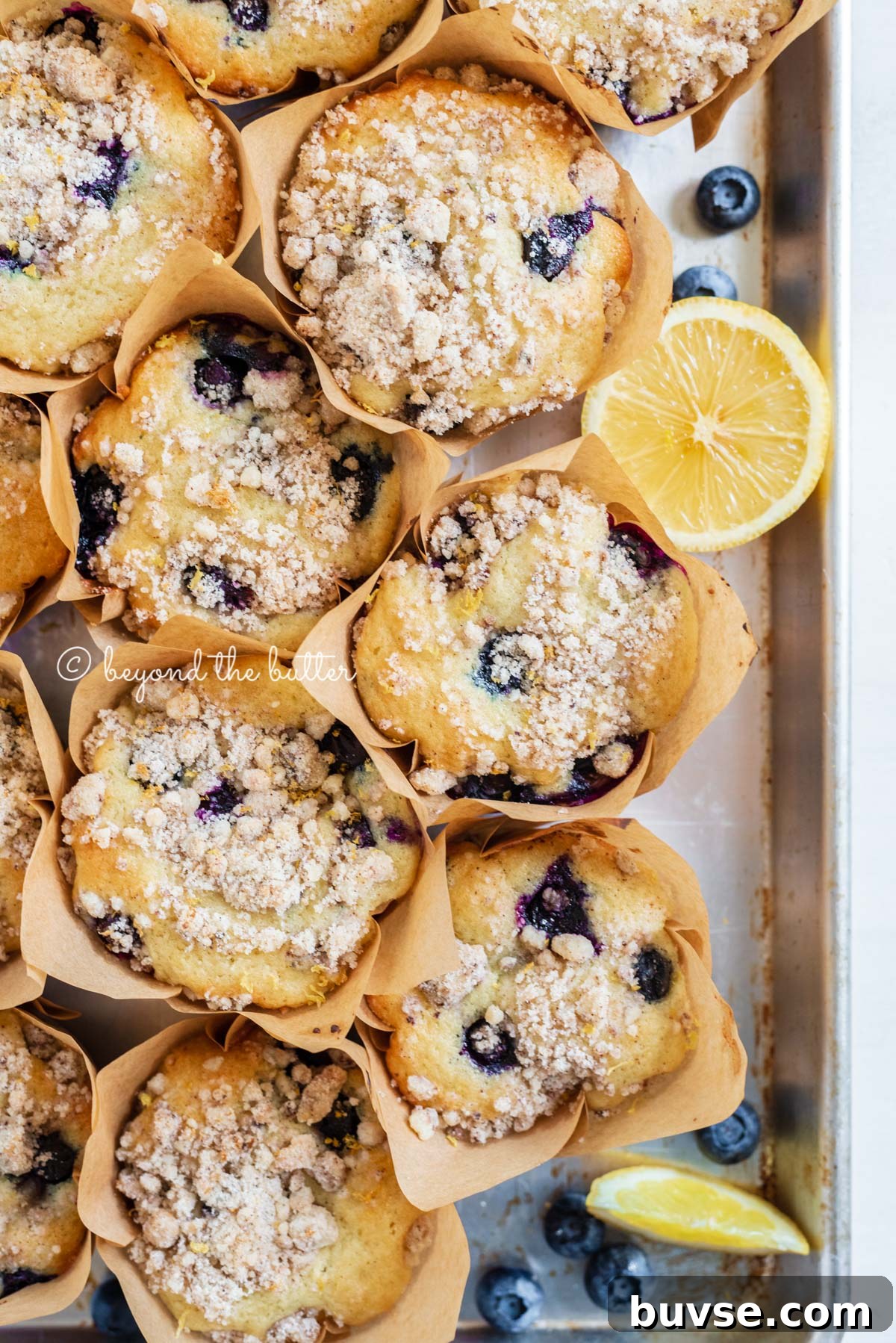 Bakery-Style Lemon Blueberry Muffins with Streusel Topping 5 Baking tray filled with bakery style lemon blueberry muffins garnished with slices of lemons and blueberries | All images © Beyond the Butter®