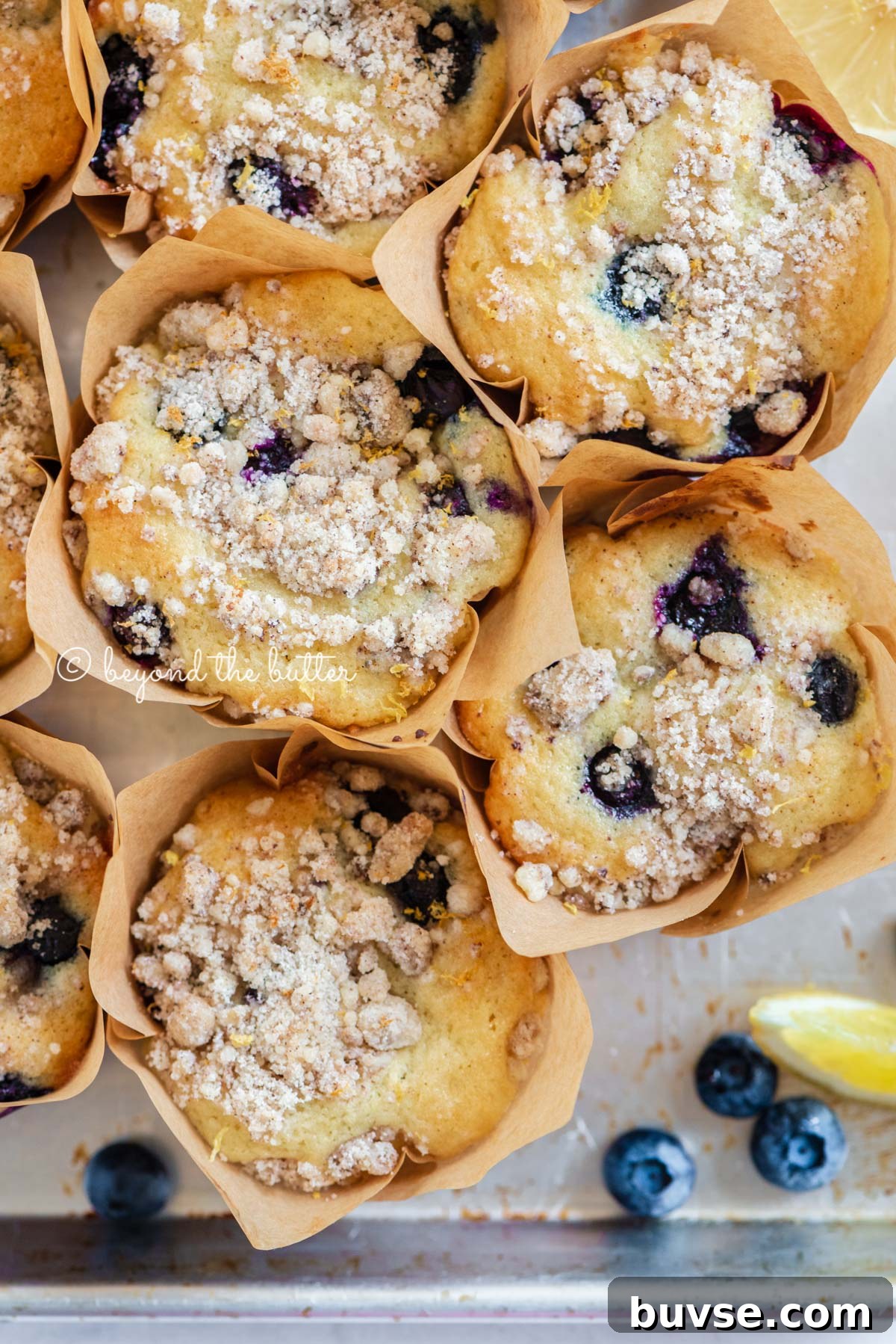 Bakery-Style Lemon Blueberry Muffins with Streusel Topping 8 Baking tray filled with bakery style lemon blueberry muffins garnished with slices of lemons and blueberries | All images © Beyond the Butter®