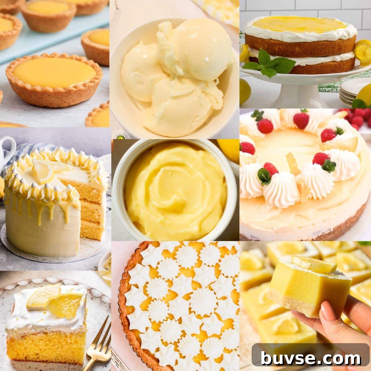 Collage of recipes with lemon curd and recipes using lemon curd including lemon curd cake, lemon bars, lemon tarts, and lemon curd chicken.