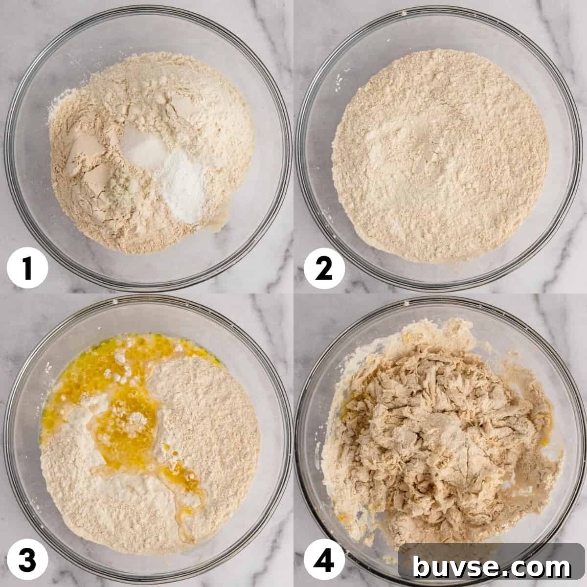 Flour, water and olive oil in bowl.