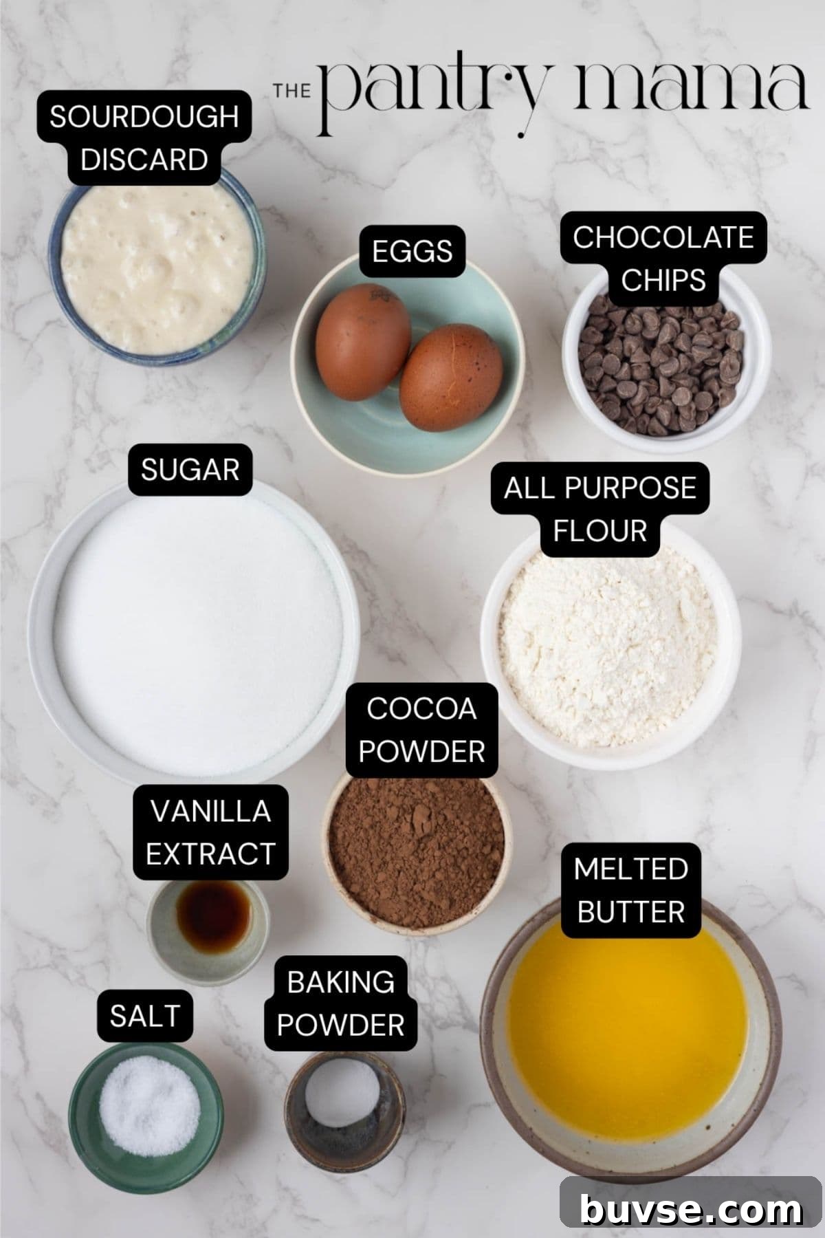 Fudgy Chocolate Sourdough Brownie Bites 4 Labeled ingredients to make chocolate sourdough brownie bites.