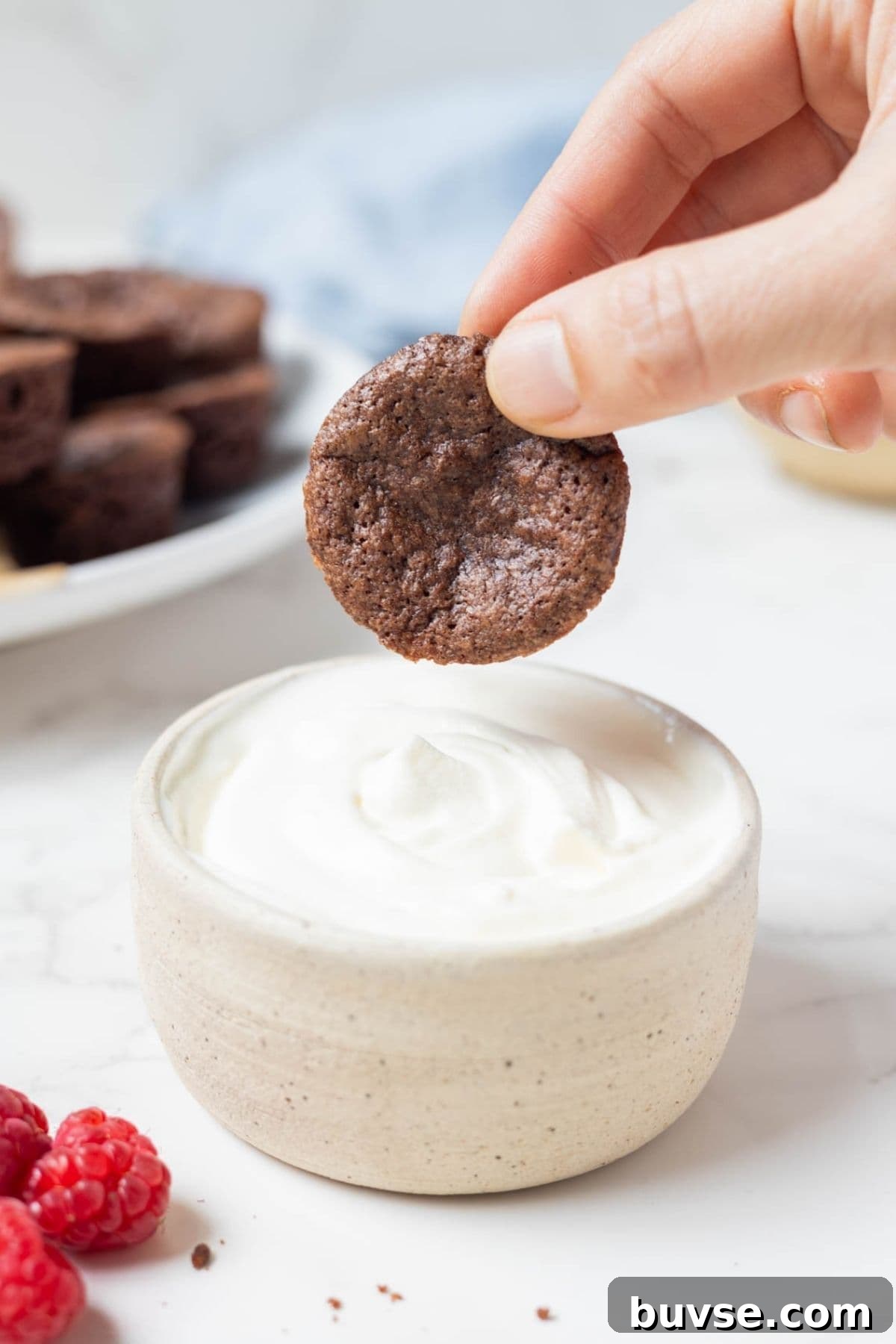 Fudgy Chocolate Sourdough Brownie Bites 8 Sourdough chocolate brownie bite being dipped into whipped cream before serving.