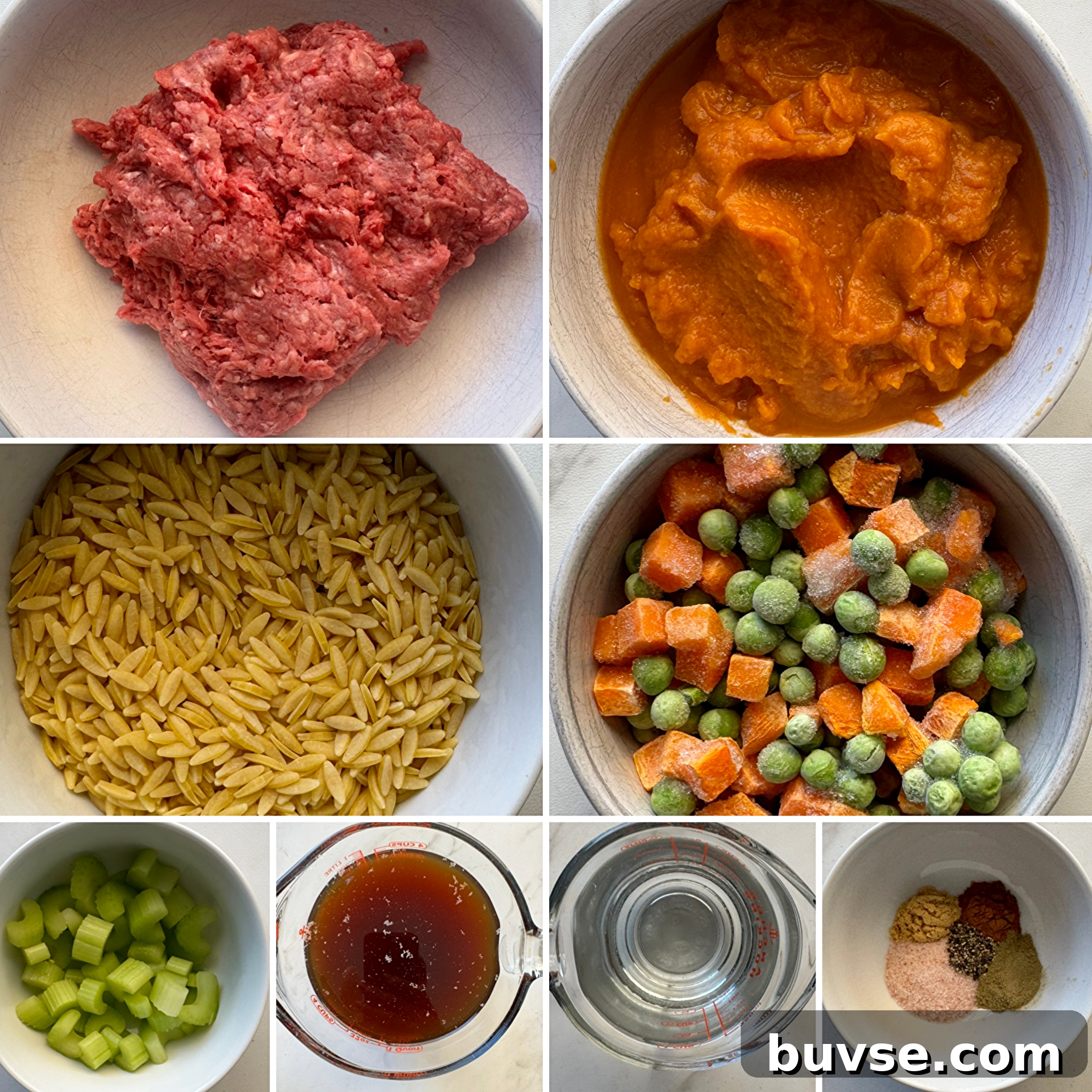 Slow Cooker Beef and Pumpkin Orzo Soup 3 collage of ingredients for Crockpot Beef Pumpkin Orzo Soup