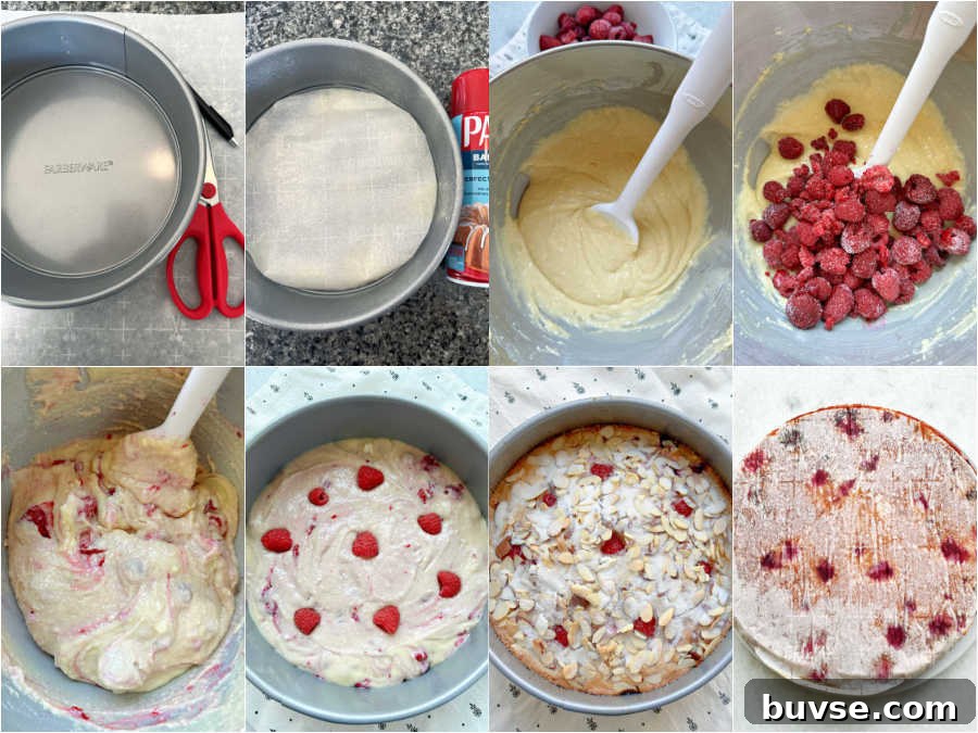 step by step photo collage showing how to make a raspberry almond cake
