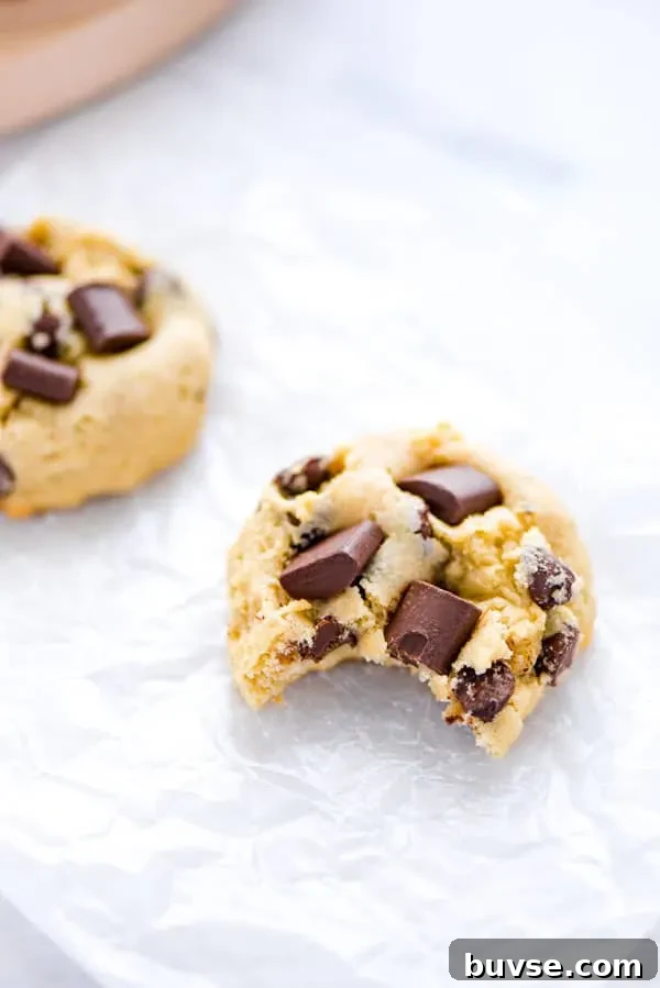 Gluten-Free Sourdough Chocolate Chip Cookies Recipe 6 A gluten free sourdough chocolate chip cookie on top of parchment paper with a bite taken out