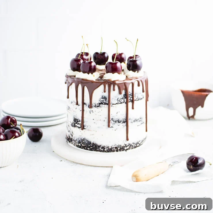 black forest cake with a chocolate ganache drip.