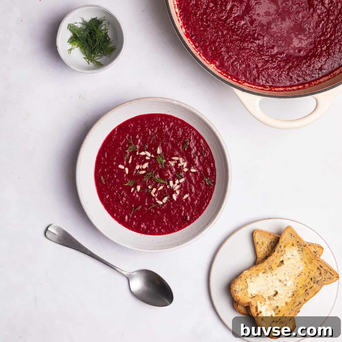 beetroot soup served with toast and fresh dill.