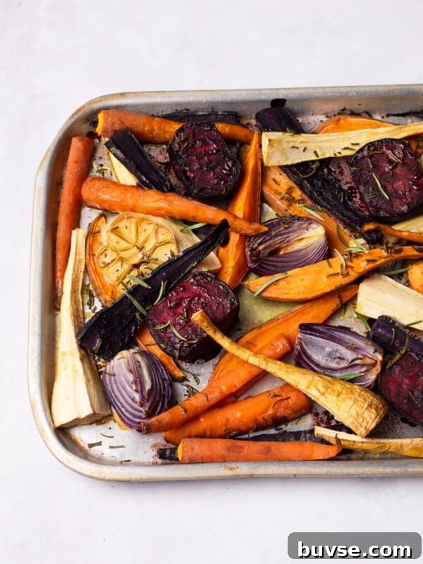 Roasted Root Vegetables on a roasting tray.