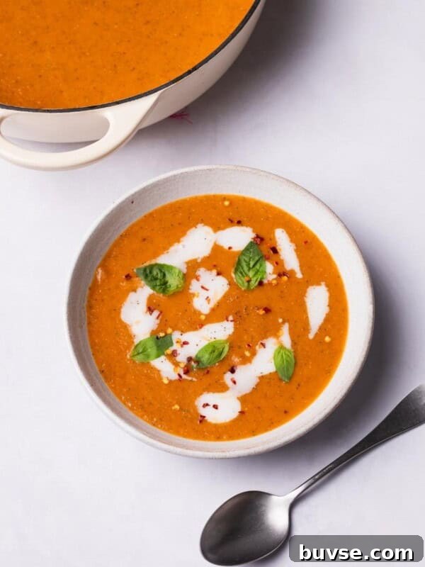Roasted Tomato Soup with vegan cream and fresh basil on top.