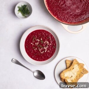 beetroot soup served with toast and fresh dill.