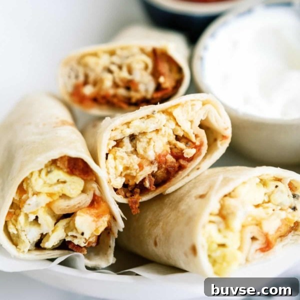 Four breakfast burritos filled with eggs, cheese, and other ingredients are displayed on a white plate. A small bowl of sour cream is next to the burritos.