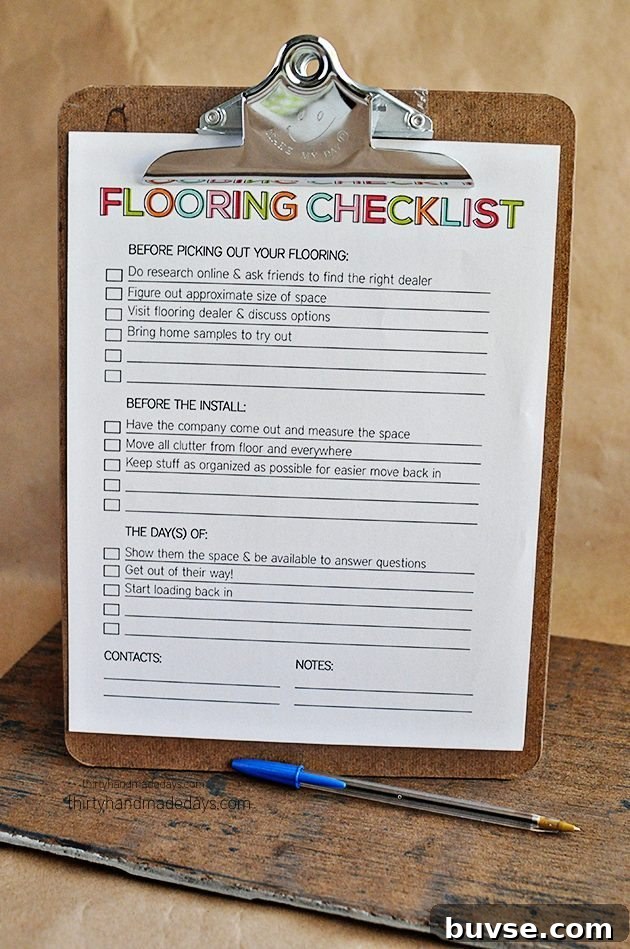 Use this printable to help with new flooring & to get organized. www.thirtyhandmadedays.com