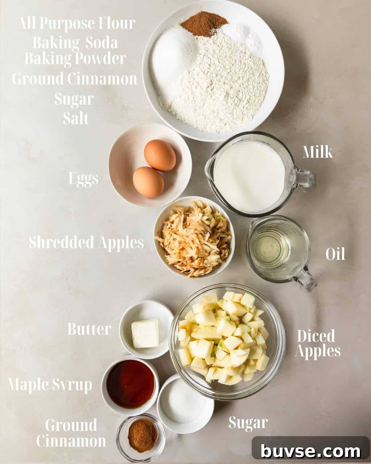 Apple Cinnamon Pancakes: Dry ingredients and wet ingredients overview with apples and apple topping ingredients