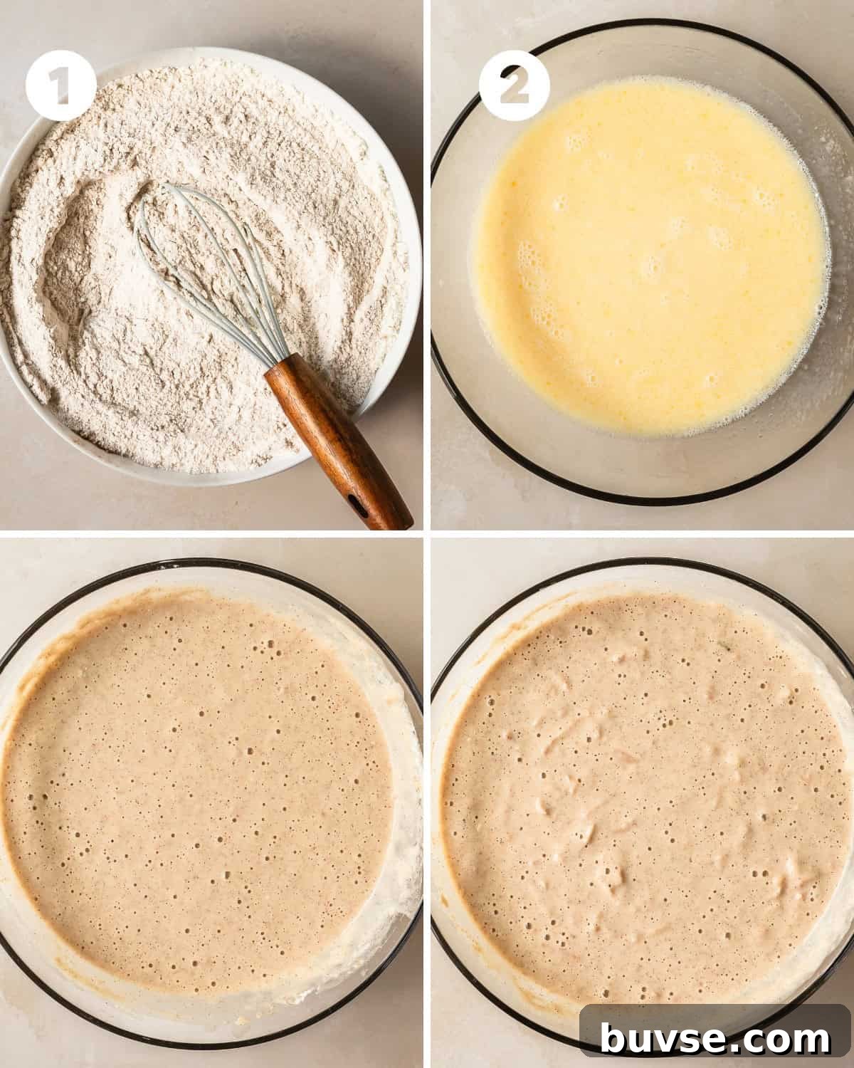 Mix dry ingredients, whisk wet ingredients, combine gently and fold in apples—do not overmix.