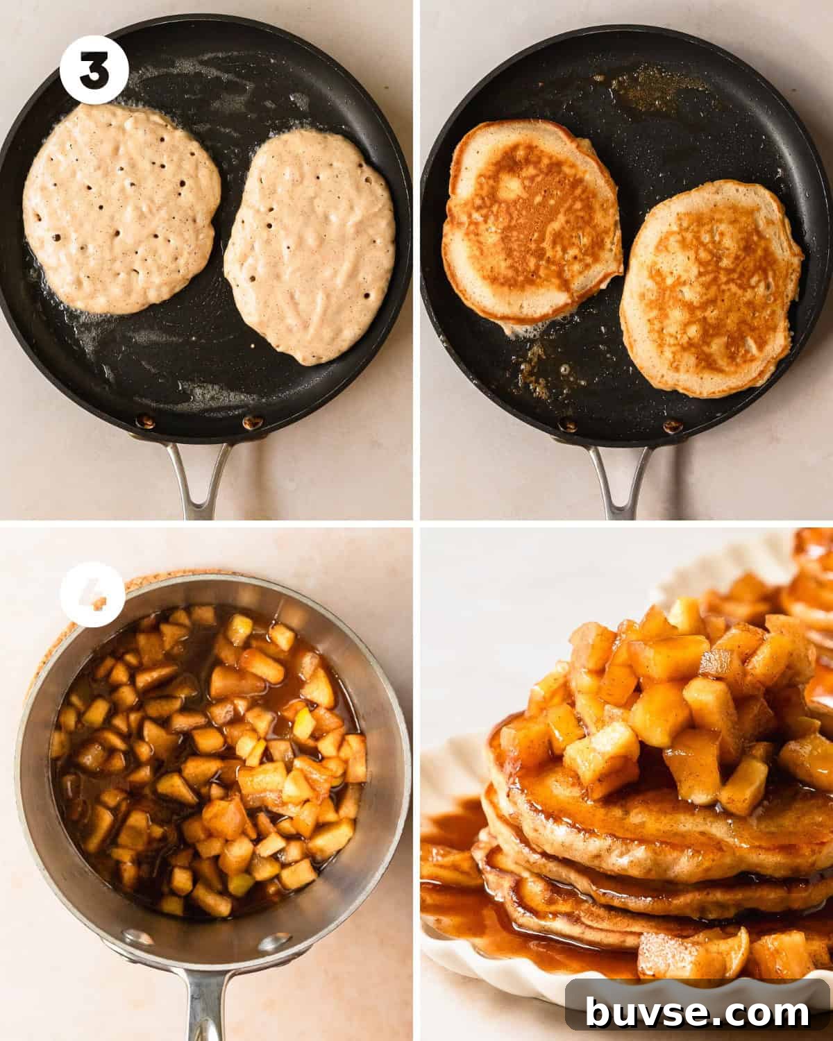 Cook pancakes on a warm skillet, flip when bubbles appear. Saute apples in butter, sugar and cinnamon and finish with maple syrup.