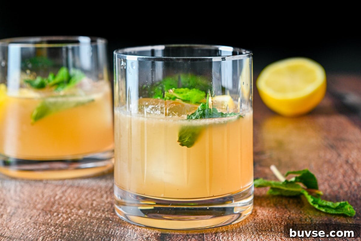 two glasses with the bourbon cocktail it it with mint and lemon as garnish - horizontal