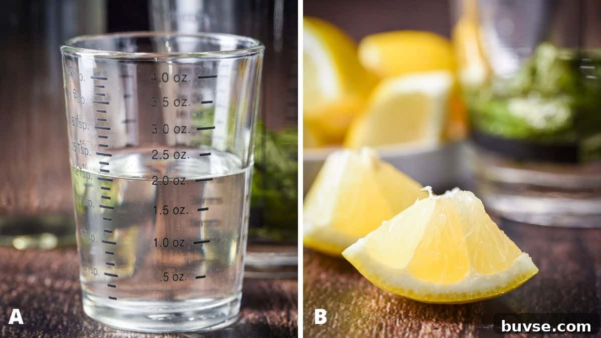 Simple syrup measured out and lemon's cut in wedges
