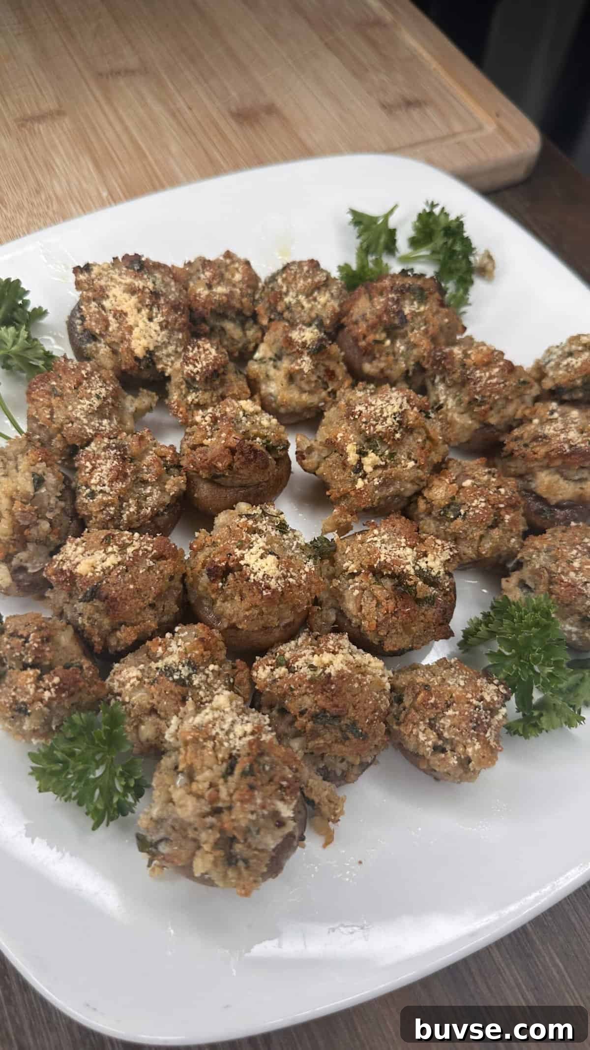 Tray of stuffed mushrooms ready to bake