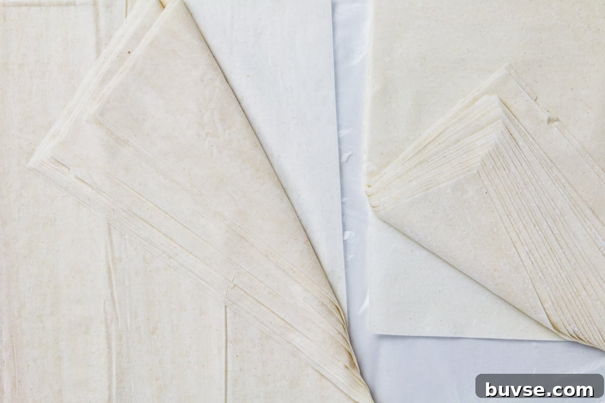 Phyllo Dough Recipes and Techniques 3 Layers of filo pastry sheets unrolled from the package.