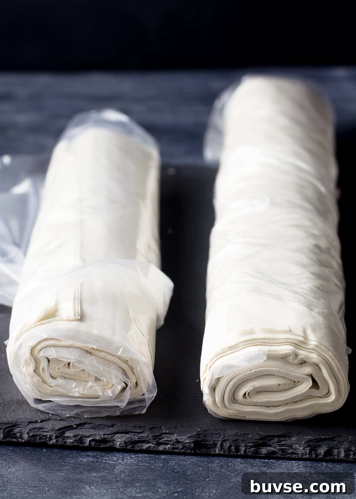 Phyllo Dough Recipes and Techniques 5 Two rolls of fresh fillo pastry sheets showing the layers.