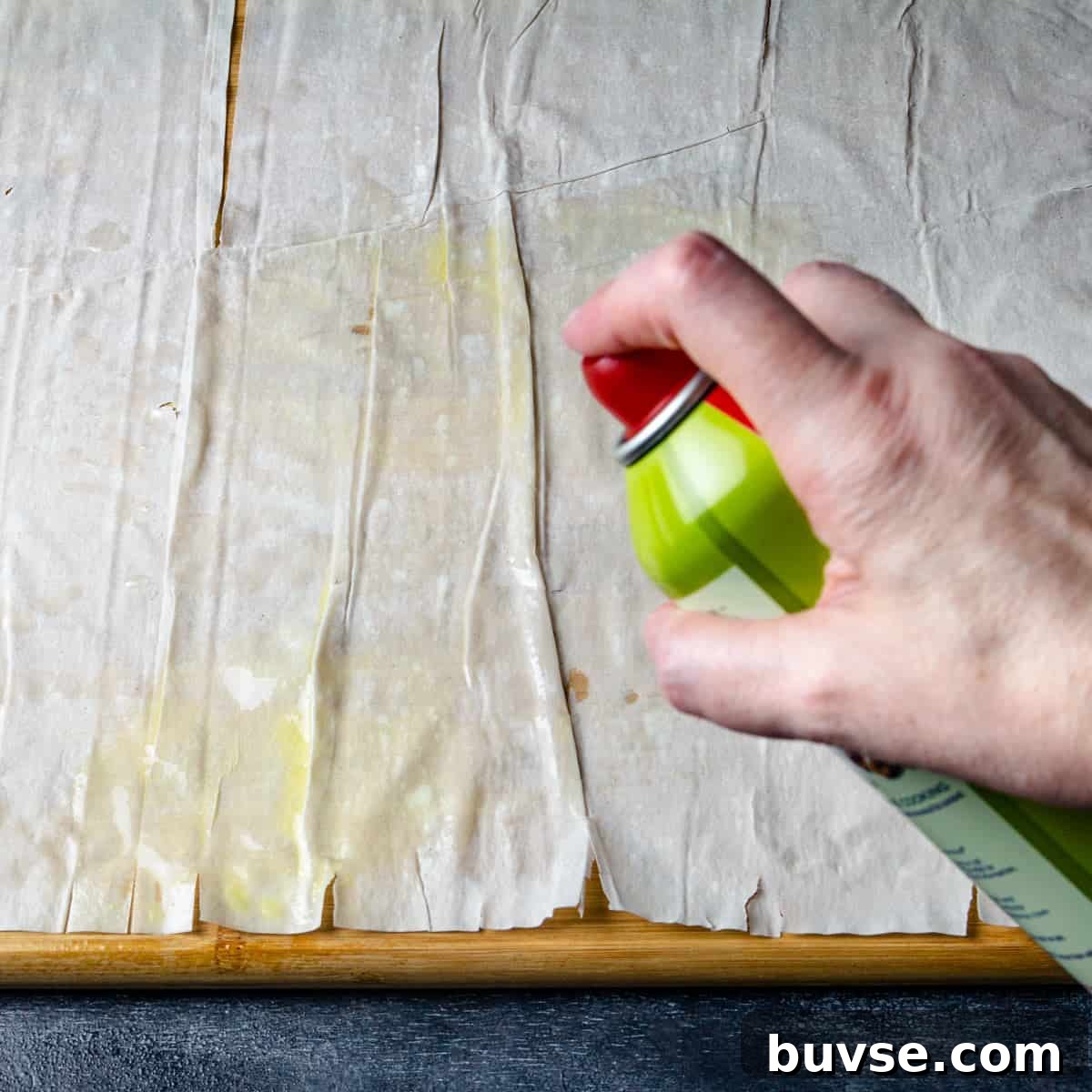 Phyllo Dough Recipes and Techniques 8 Using a cooking spray to oil the fillo.