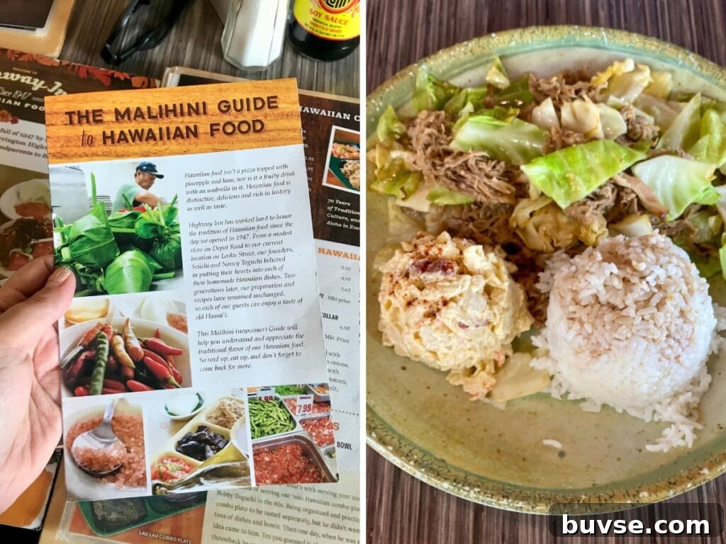 Left: Malahini guide to Hawaiian food and menu at Highway Inn Kakaʻako restaurant in Waikīkī. Right: Hawaiian plate lunch with rice, pulled pork and cabbage and macaroni salad.