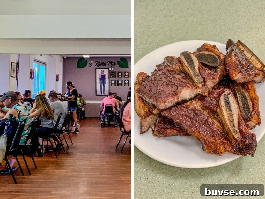 Left: Helena’s Hawaiian Food a Hawaiian restaurant in Honolulu. Right: plate of Short Ribs Pipikaula Style.