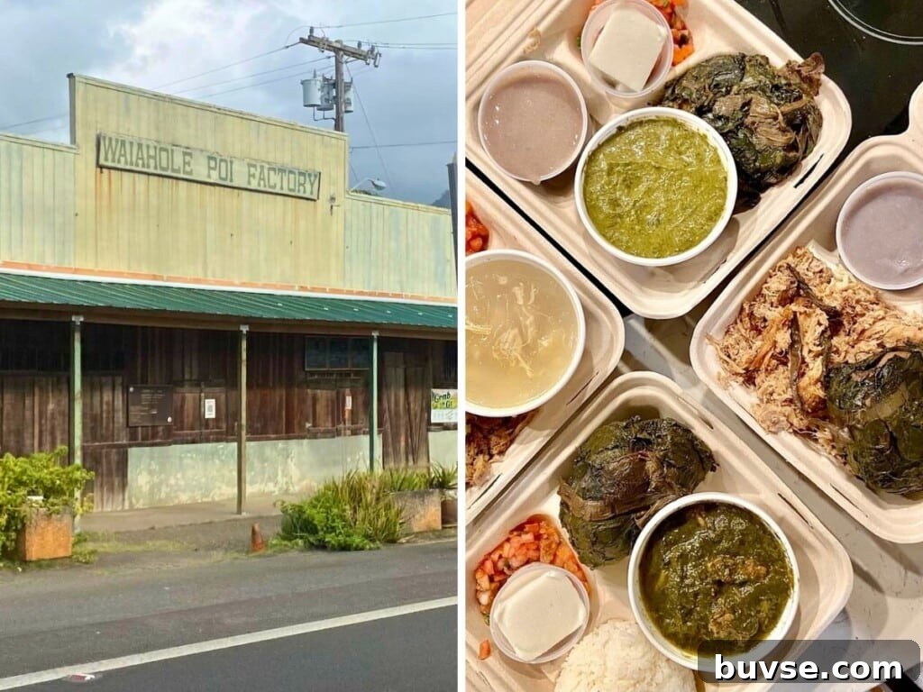 Left: Waiahole Poi Factory. Right: four Hawaiian plate lunches with poi, Kalua pork and sides.
