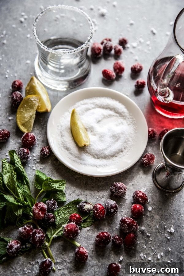 ingredients for a cranberry margarita on a board