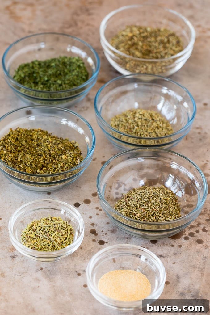 Small bowls of various herbs and spices.