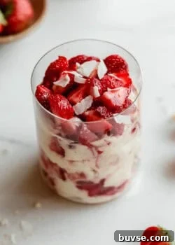 Strawberry pudding jar made with Greek yogurt, Nilla wafers, and vanilla pudding mix.