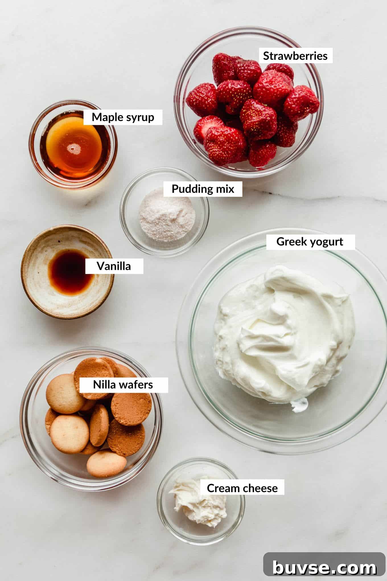 Ingredients for strawberry cheesecake pudding jars.