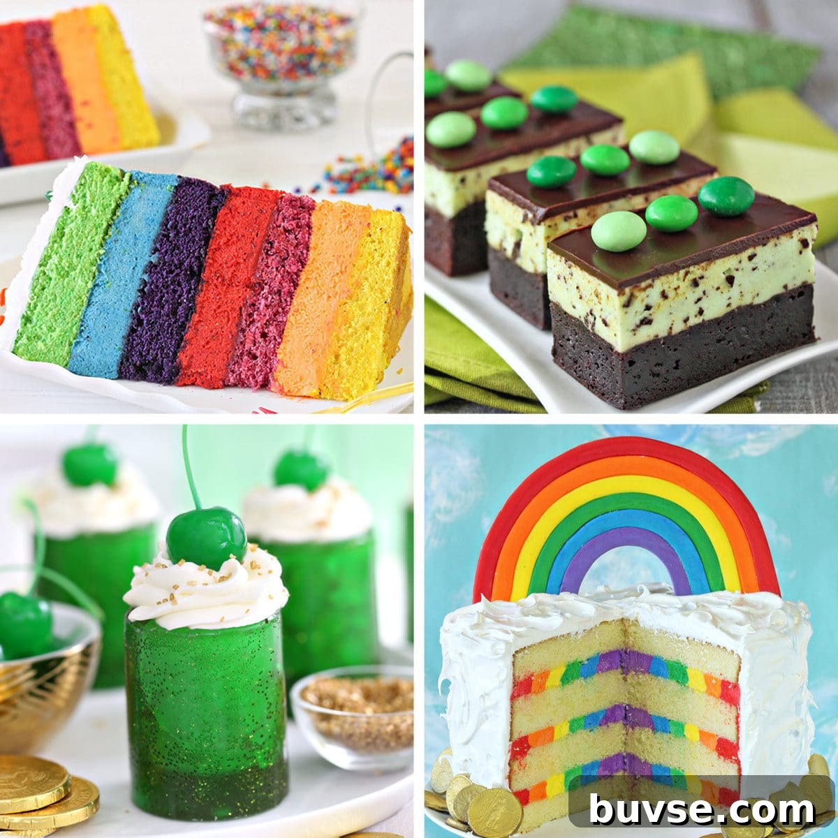 Four photo collage with rainbow and green desserts for St. Patrick's Day, with text overlay.
