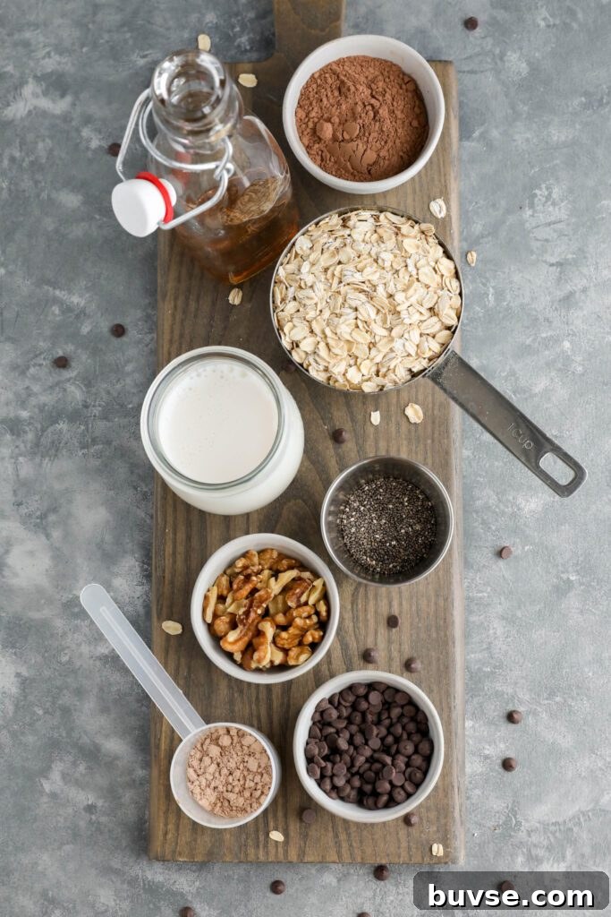 Brownie Batter Overnight Oats Recipe for Chocolate Lovers 3 ingredients for Brownie Overnight Oats on wooden board