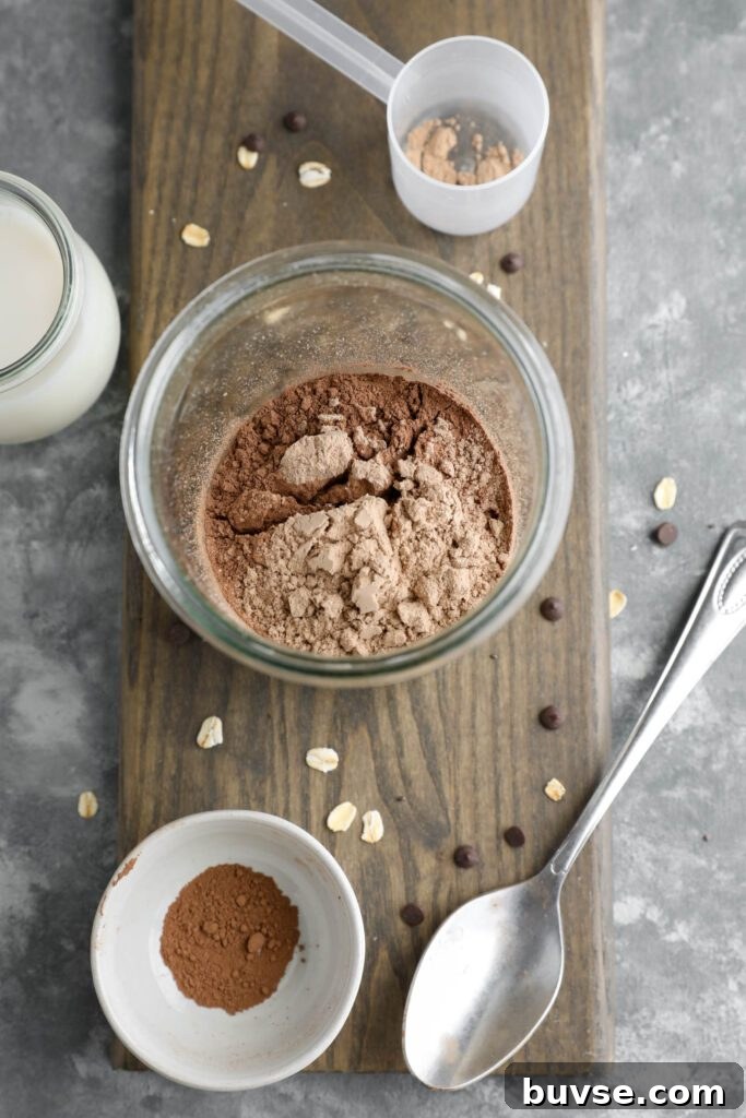 Brownie Batter Overnight Oats Recipe for Chocolate Lovers 6 cacao powder and chocolate protein powder in mason jar with oats and dark chocolate chips scattered