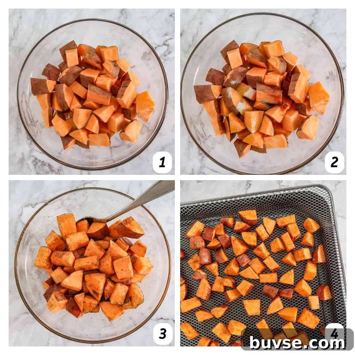 Four panel grid of process shots - cutting sweet potatoes into chunks, coating with oil and spices, and baking in the air fryer.