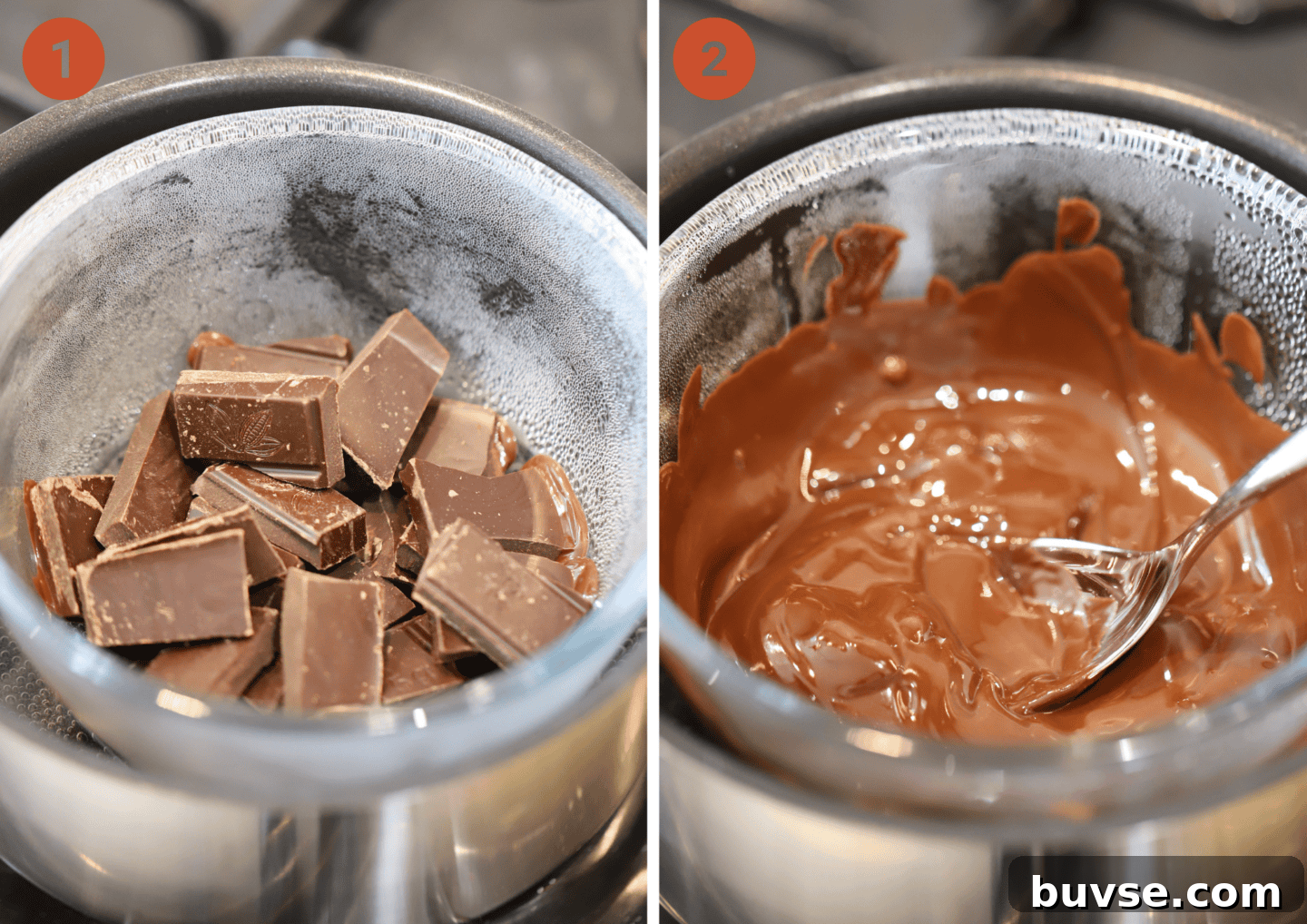 Steps of melting chocolate over a pan of water.