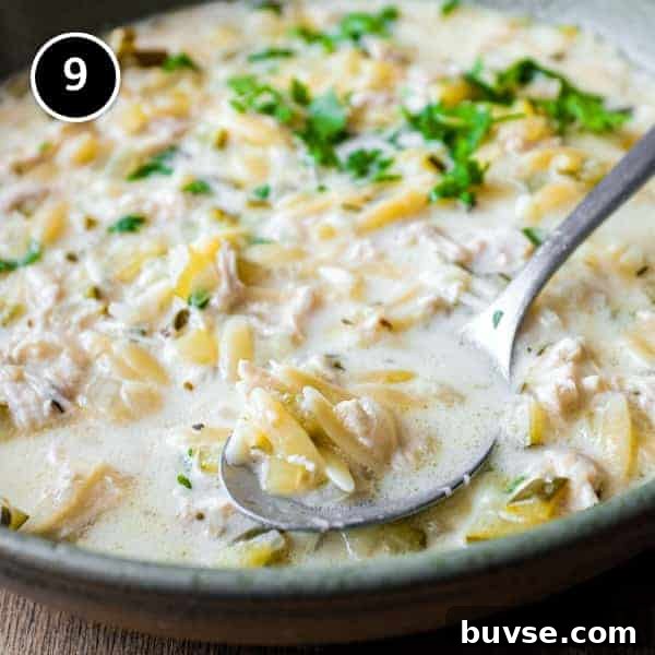 Greek Lemon Orzo Soup with Chicken | cookeatworld.com A bowl of Greek lemon orzo soup with chicken with a spoon