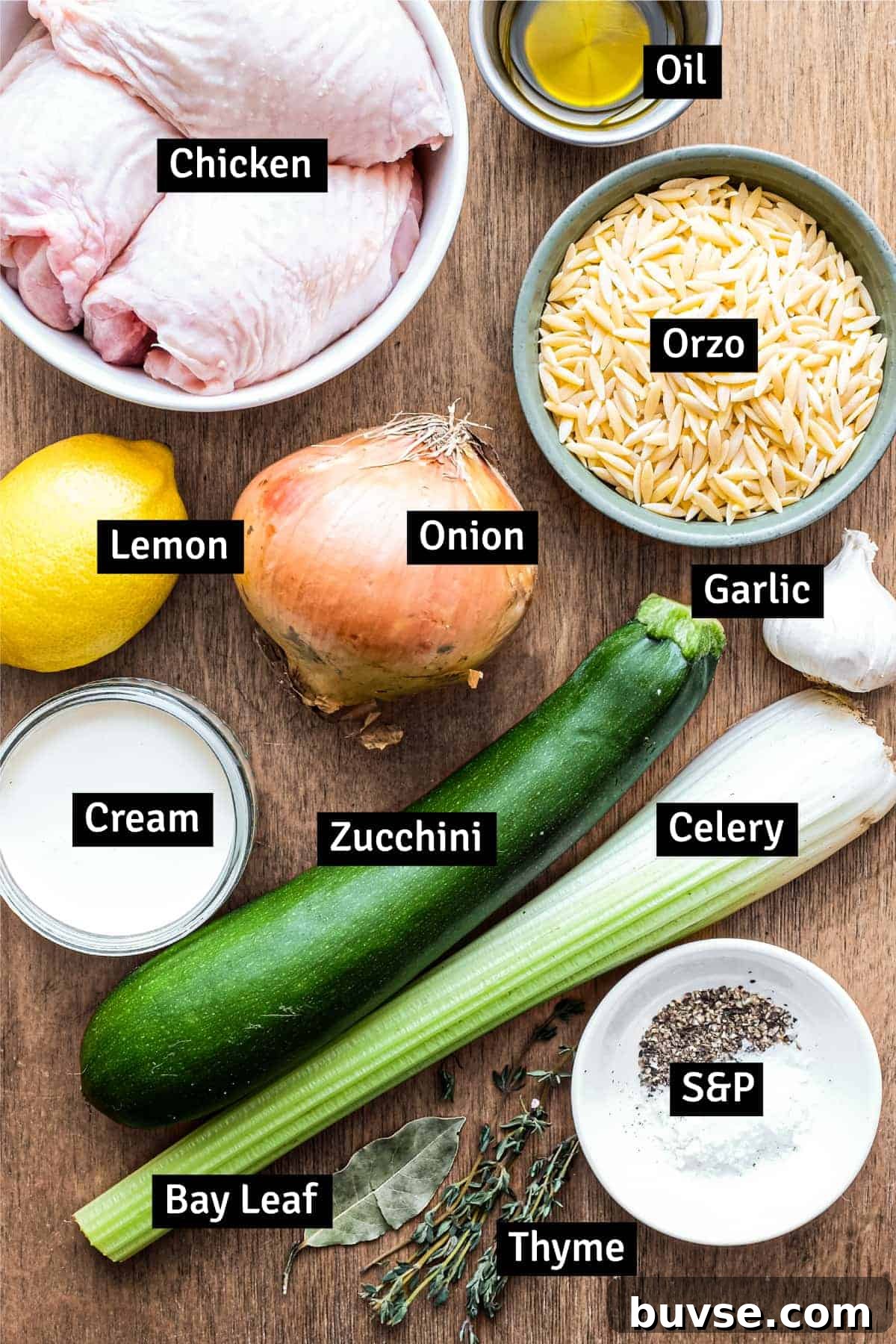 Greek Lemon Orzo Soup with Chicken | cookeatworld.com The ingredients for Greek lemon orzo soup. Lemon, orzo, chicken thighs, zucchini, celery, onion, cream, herbs and more.
