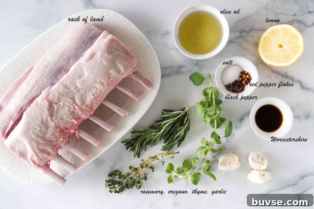 Ingredients: rack of lamb, olive oil, lemon, salt, pepper, red pepper flakes, Worcestershire sauce, garlic, rosemary, thyme oregano, and garlic.
