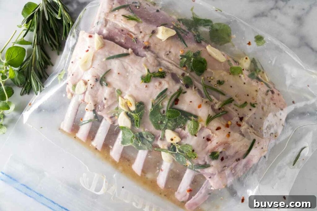 Marinating a rack of lamb in a plastic bag.