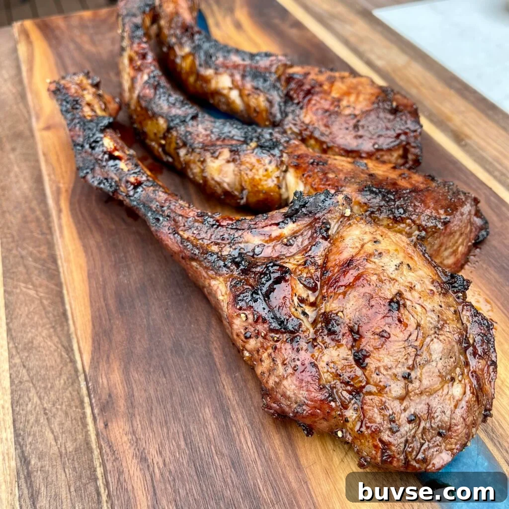 Tomahawk pork chop on the grill