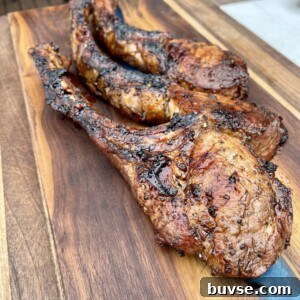Tomahawk pork chops finished
