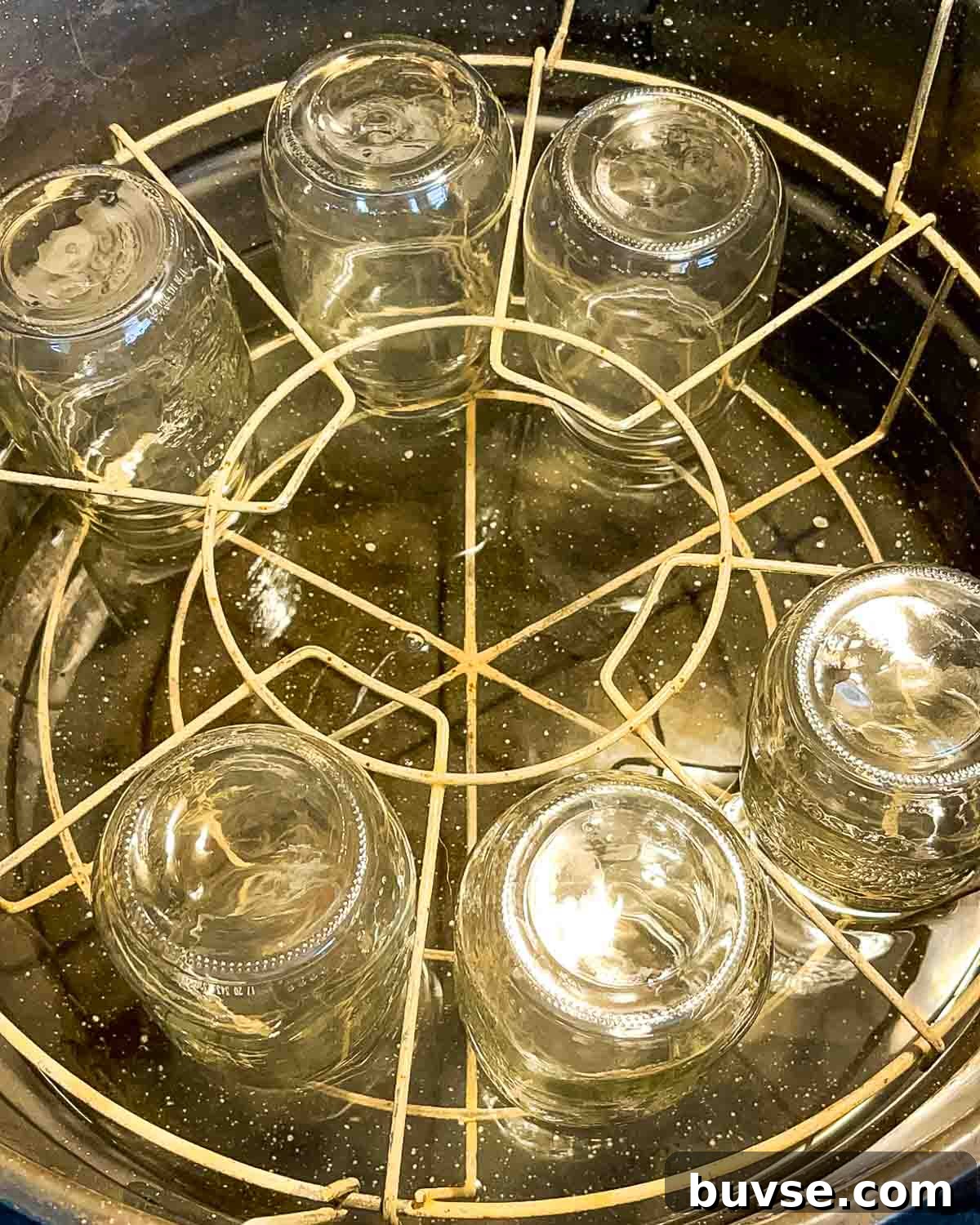 Homemade Old-Fashioned Pickled Beets Recipe 12 The glass jars upside down in the canner on the rack to keep hot.