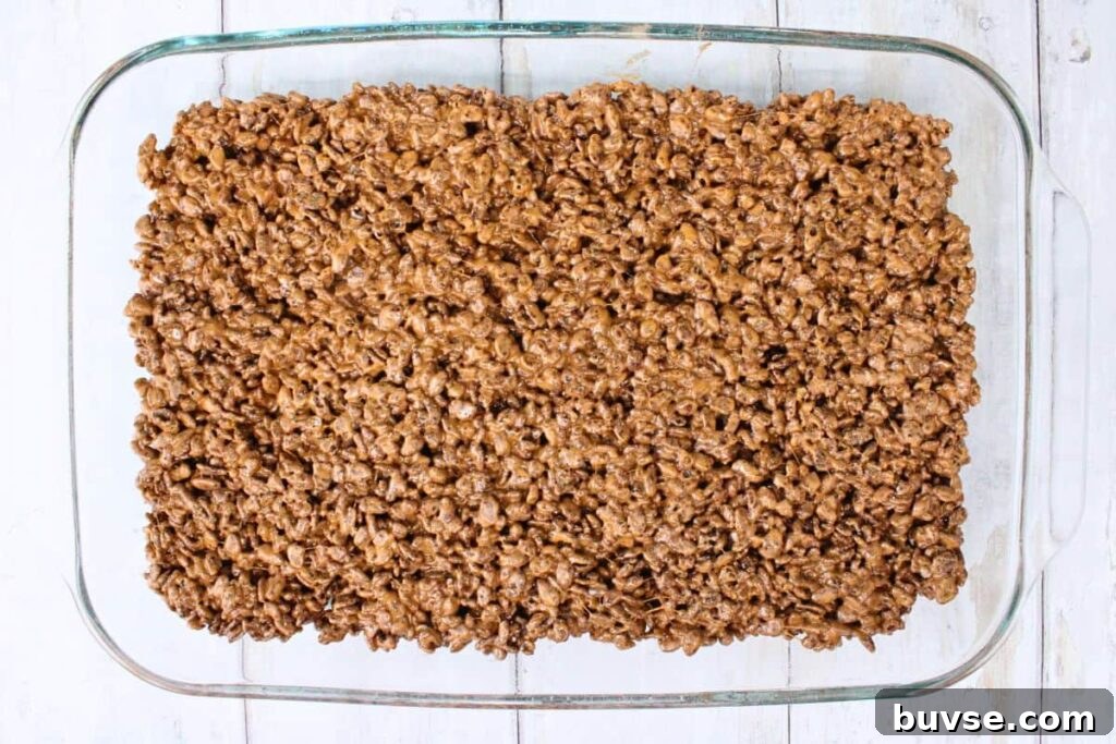 spread brown rice krispie mixture into baking dish