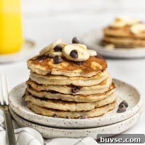 Banana chocolate chip pancake stack