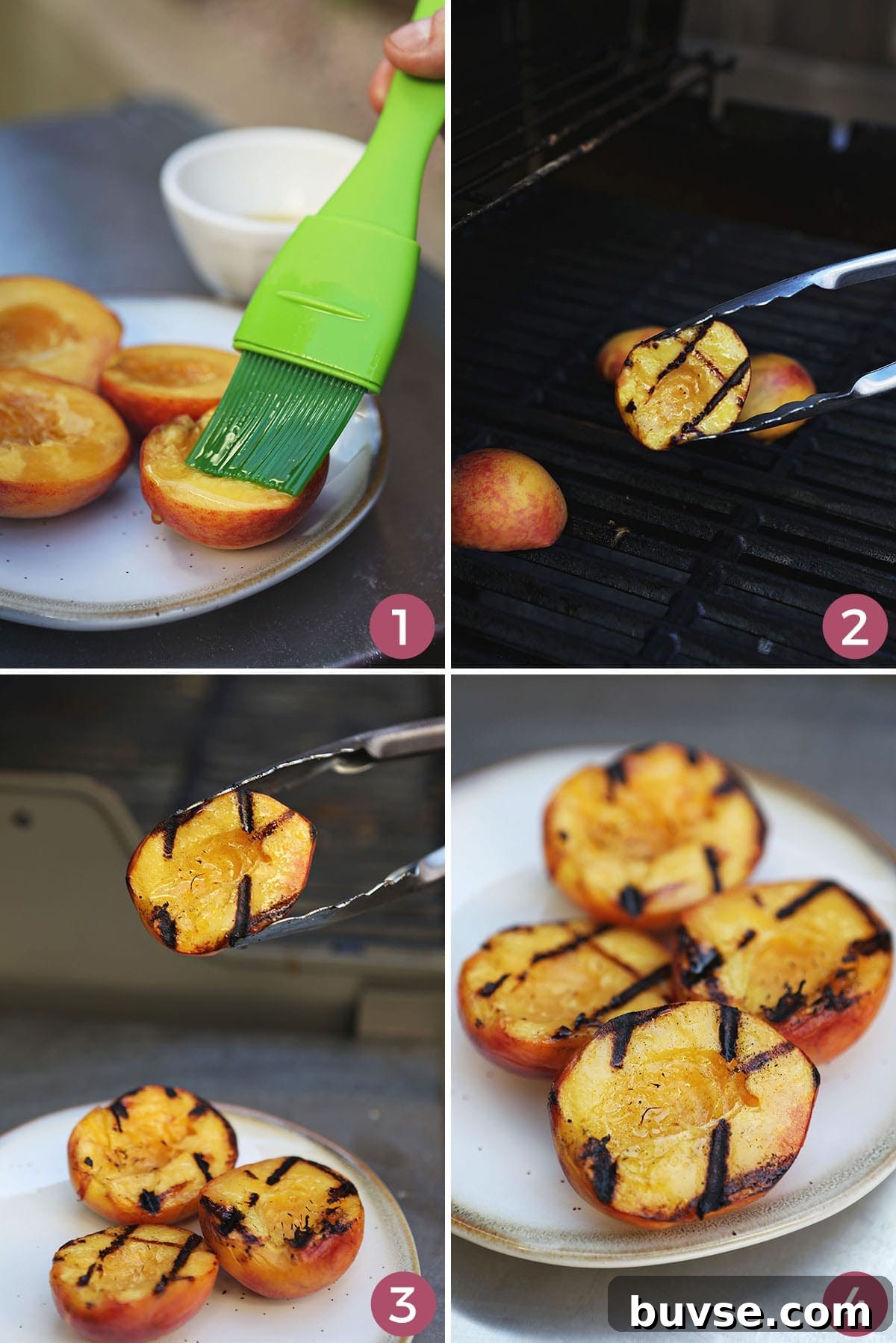 Summer Ricotta Crostini with Grilled Peaches 5 Collage showing how to grill peaches