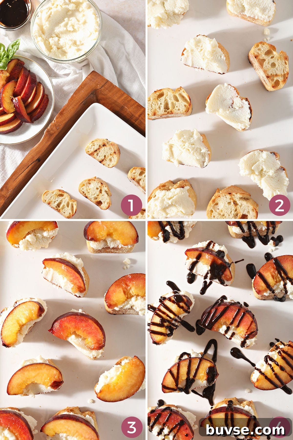 Summer Ricotta Crostini with Grilled Peaches 6 Collage of four images showing how to assemble ricotta crostini with grilled peaches