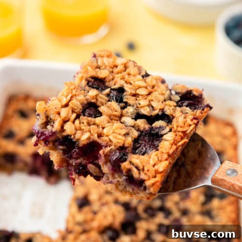 Blueberry Baked Oatmeal Recipe 14 A metal spatula removing a piece of gluten-free blueberry baked oatmeal from it.