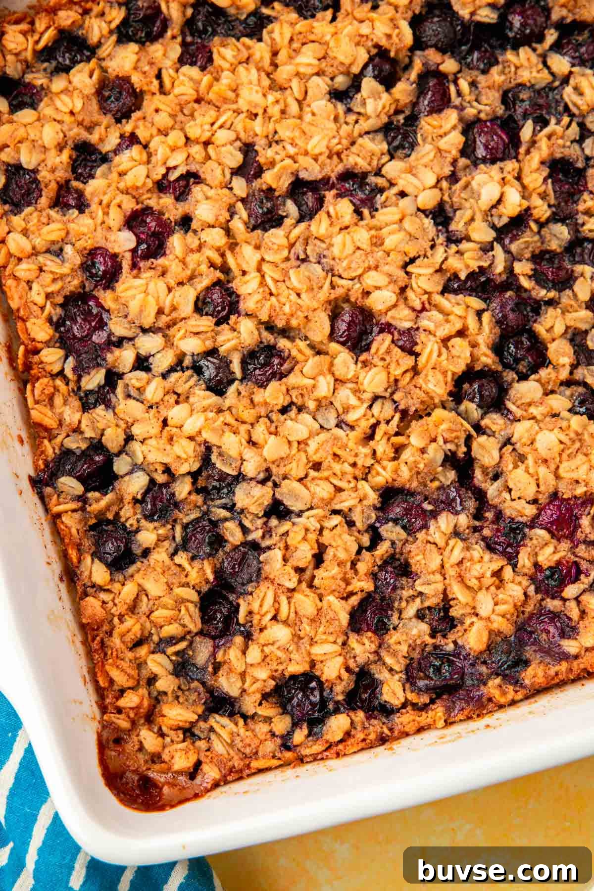 Blueberry Baked Oatmeal Recipe 9 A closeup of a baking dish of gluten-free blueberry baked oatmeal in it.